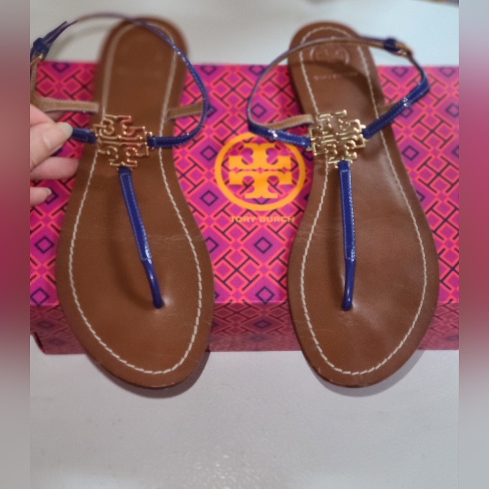 Tory Burch Designer Melinda Blue T Strap Sandals Slingback Flat 8.5 - Picture 7 of 11
